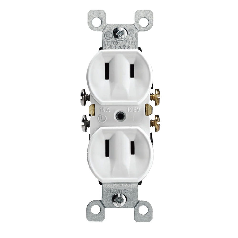Leviton 223-W 15 Amp, 125 Volt, NEMA 1-15R, 2P, 2W, With Ears Duplex Receptacle, Straight Blade, Residential Grade