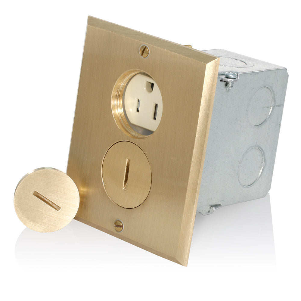 Leviton 25249-TFB 1-Gang Floor Box Receptacle Assembly, 15 Amp, 125 Volt, NEMA 5-15R, 2P, 3W, Tamper-Resistant Duplex