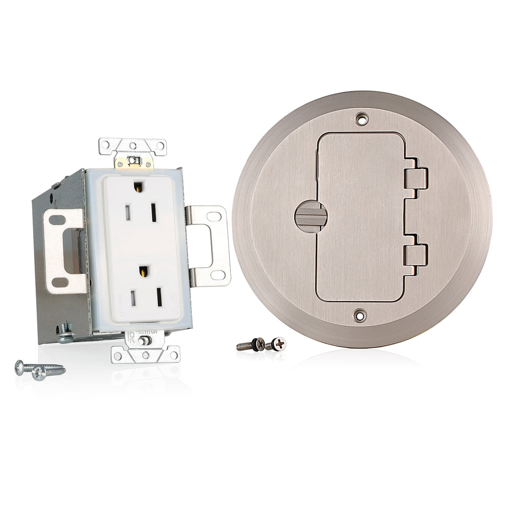Leviton 25251-TDN 1-Gang Floor Box Receptacle Assembly, 15 Amp, 125 Volt, NEMA 5-15R, 2P, 3W, Tamper-Resistant Decora