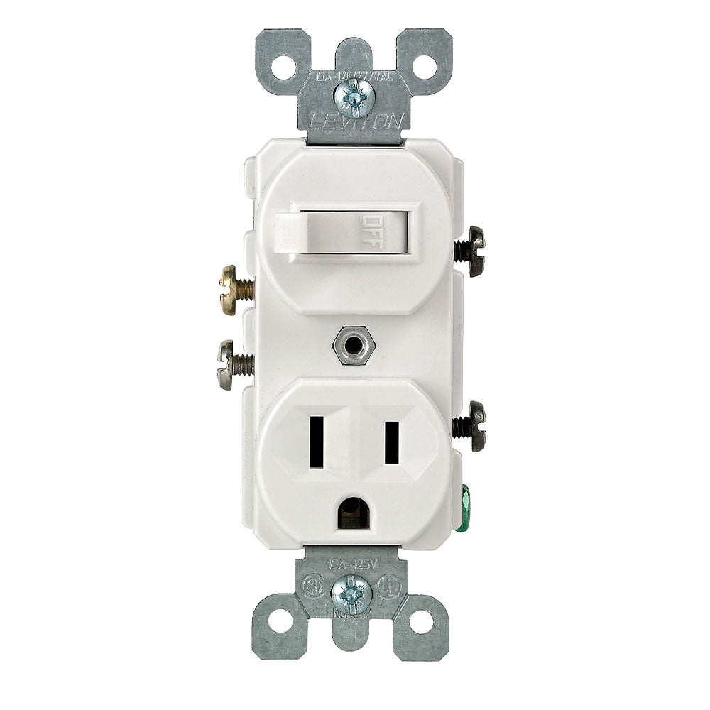 Leviton 5225-W 15 Amp, 120 Volt, Duplex Style Single-Pole / 5-15R AC Combination Switch, Commercial Grade