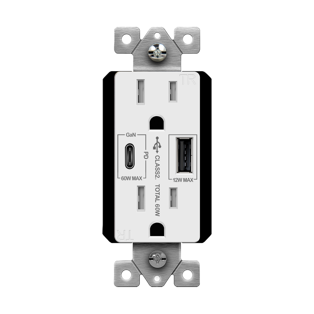 USB Outlet, USB-C and USB-A, 60W Power Delivery, Tamper-Resistant 15A Duplex Receptacles