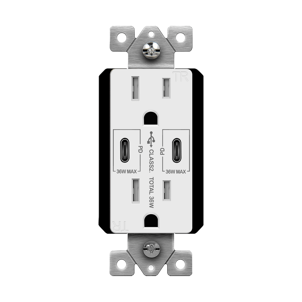 Dual USB-C Outlet, 36W Power Delivery, Tamper-Resistant 15A Duplex Receptacles