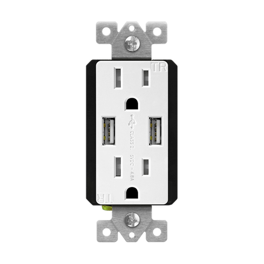 Dual Type-A USB Charger with 15A Duplex Tamper-Resistant Receptacles and Interchangeable Face Covers