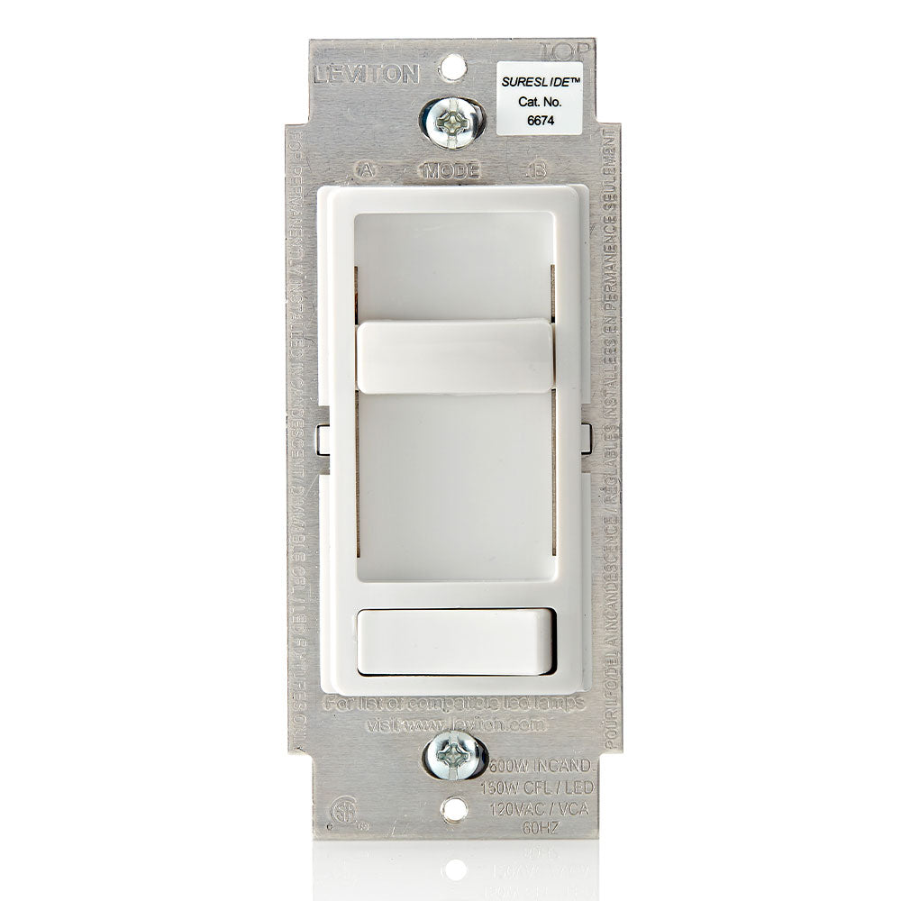 Leviton 6674-P0W White – Replace a wall light switch with a SureSlide dimmer switch. 150W LED, 600W incandescent/halogen