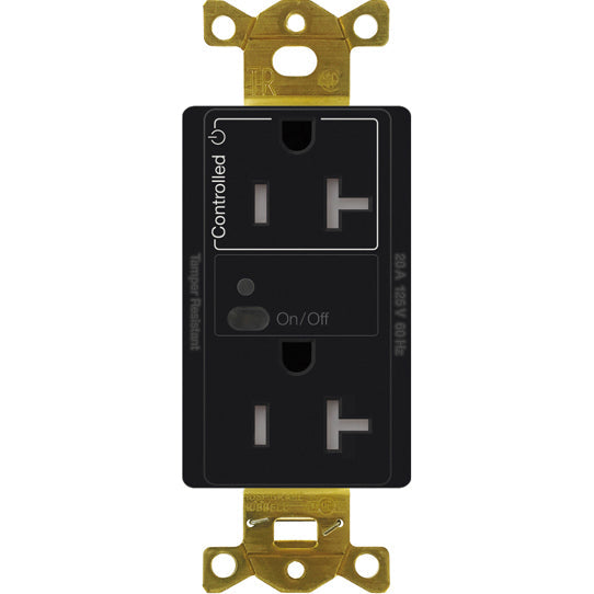 Lutron Vive RF Wireless Receptacle, 20A Split (Half-Switching) Duplex, Decorator-Style Outlet, Gloss Finish, CAR2S-20-STR-BL, Black