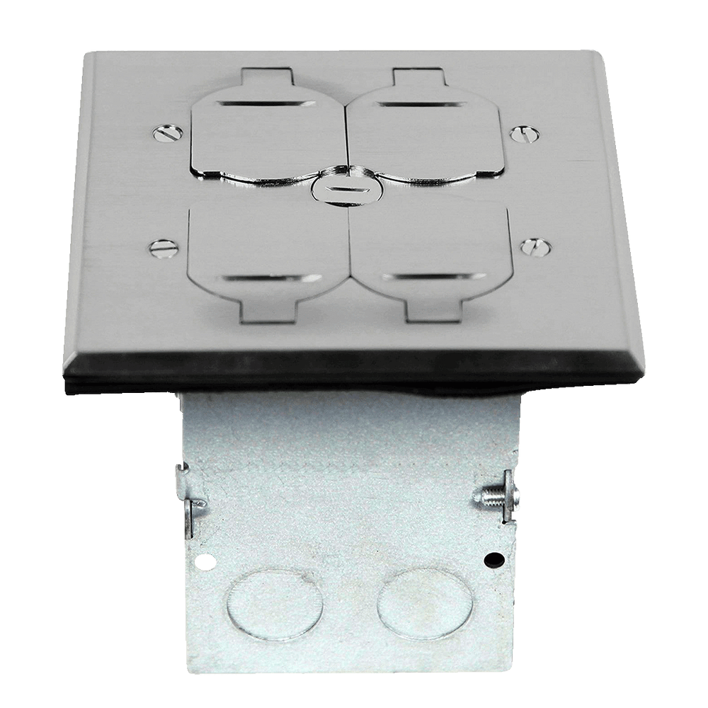 Two-Gang Floor Box Kit with Flip Lid Cover, 20A Duplex Tamper & Weather Resistant Receptacle