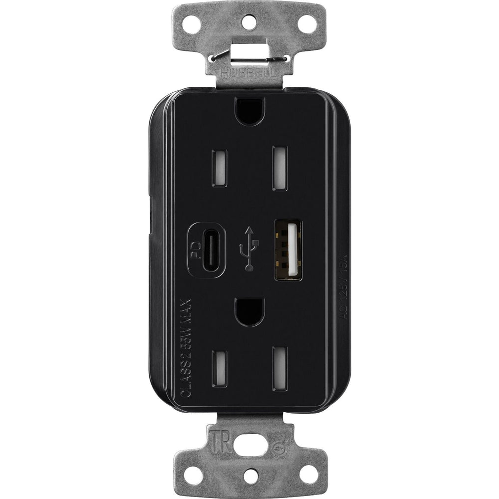 Lutron Claro 15A Tamper-Resistant USB Type A and C Duplex Receptacle, Decorator Style outlet, Gloss Finish, CAR-15-ACTR-BL, Black