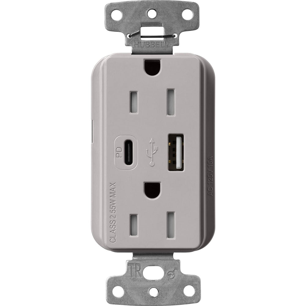 Lutron Claro 15A Tamper-Resistant USB Type A and C Duplex Receptacle, Decorator Style outlet, Gloss Finish, CAR-15-ACTR-GR, Gray