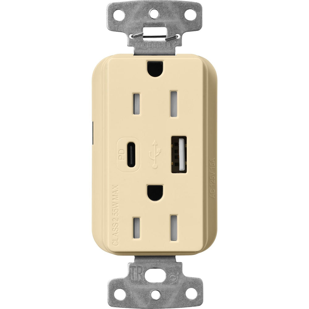 Lutron Claro 15A Tamper-Resistant USB Type A and C Duplex Receptacle, Decorator Style outlet, Gloss Finish, CAR-15-ACTR-IV, Ivory