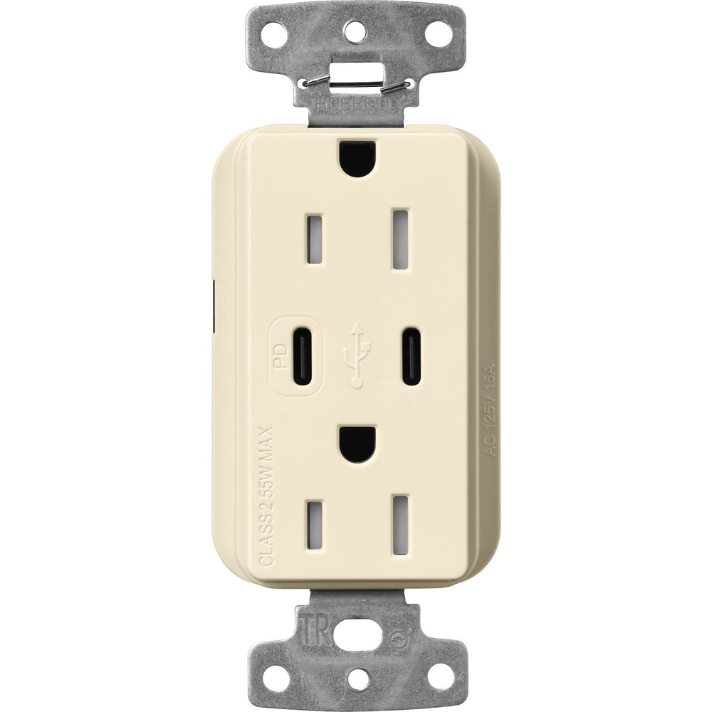 Lutron Claro 15A Tamper Resistant USB Type C Duplex Receptacle Designer style receptacles, Gloss Finish, CAR-15-CCTR-WH, Almond.