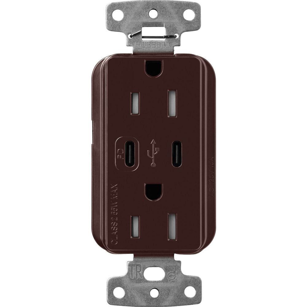 Lutron Claro 15A Tamper Resistant USB Type C Duplex Receptacle Designer style receptacles, Gloss Finish, CAR-15-CCTR-BR, Brown.