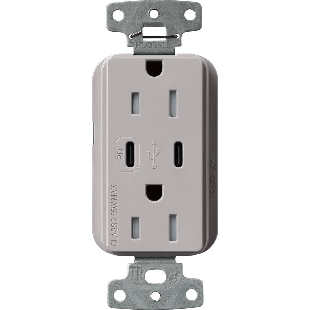Lutron Claro 15A Tamper Resistant USB Type C Duplex Receptacle Designer style receptacles, Gloss Finish, CAR-15-CCTR-GR, Gray.