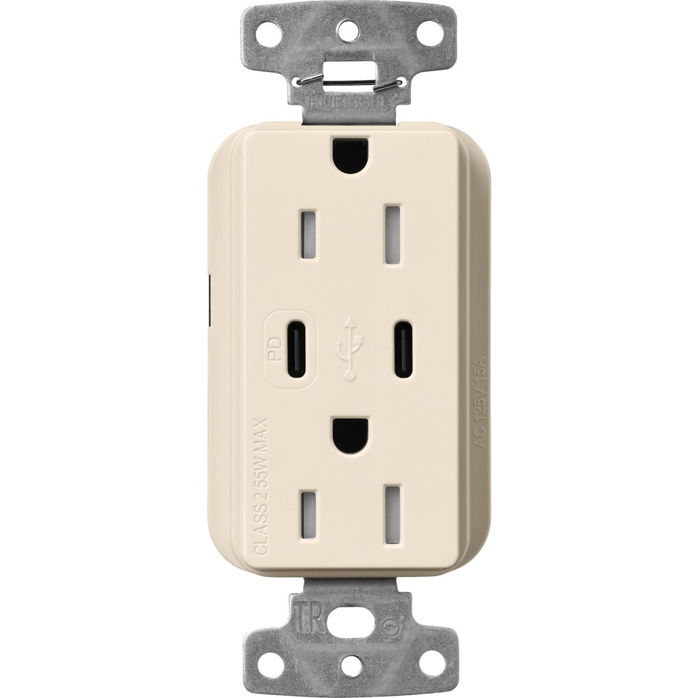 Lutron Claro 15A Tamper Resistant USB Type C Duplex Receptacle Designer style receptacles, Gloss Finish, CAR-15-CCTR-LA, Light Almond.
