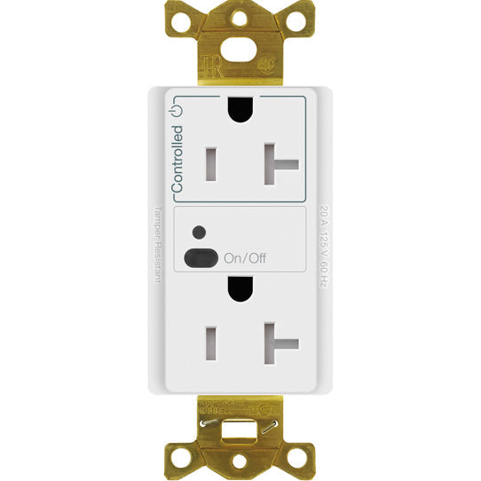 Lutron Vive RF Wireless Receptacle, 20A Split (Half-Switching) Duplex, Decorator-Style Outlet, Gloss Finish, CAR2S-20-STR-WH, White