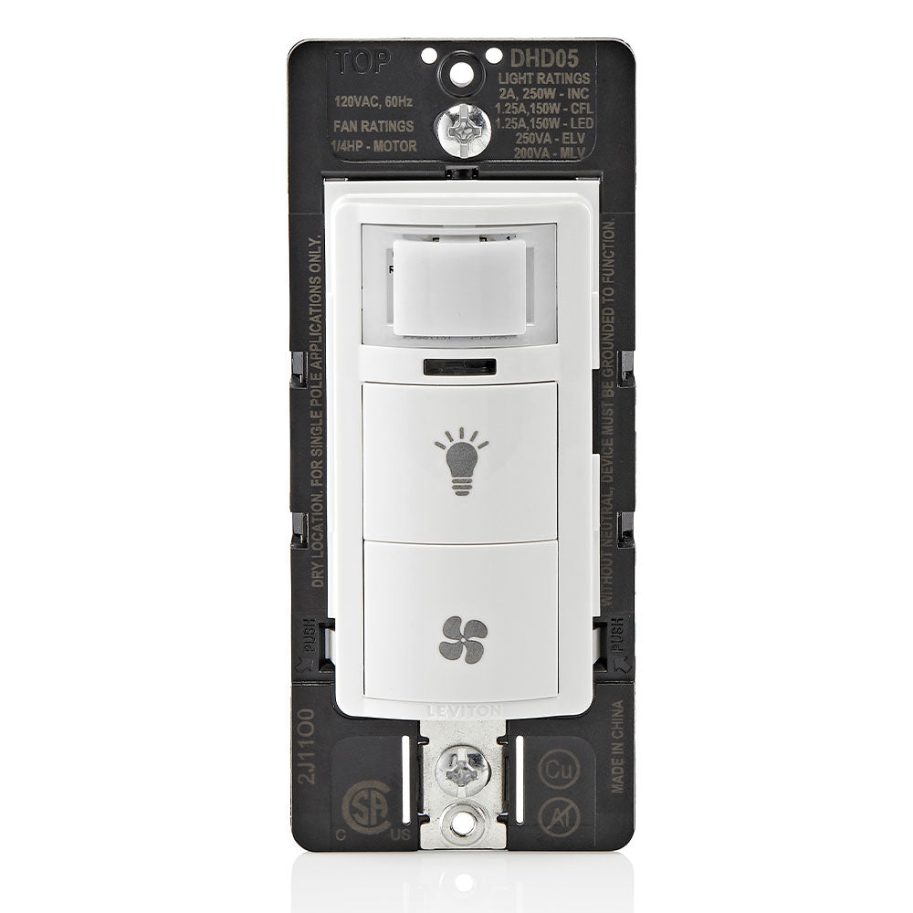 Leviton DHD05-1LW White – Decora Combination Humidity Sensor and Fan Control with Light Switch, single pole. Fan Load (Blue