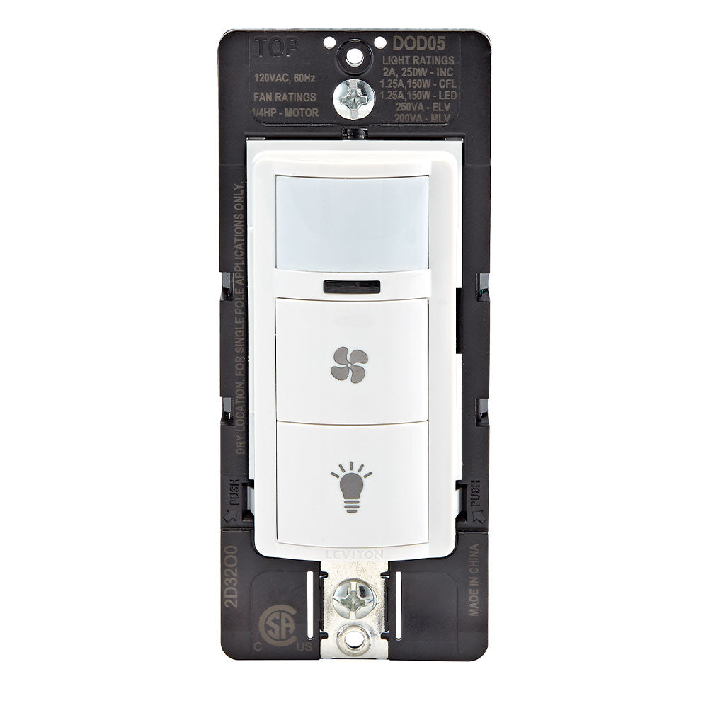 Leviton DOD05-1LW White – Decora Combination Occupancy Sensor with Fan Switch, single pole/single pole. Fan Load (Blue Wire):