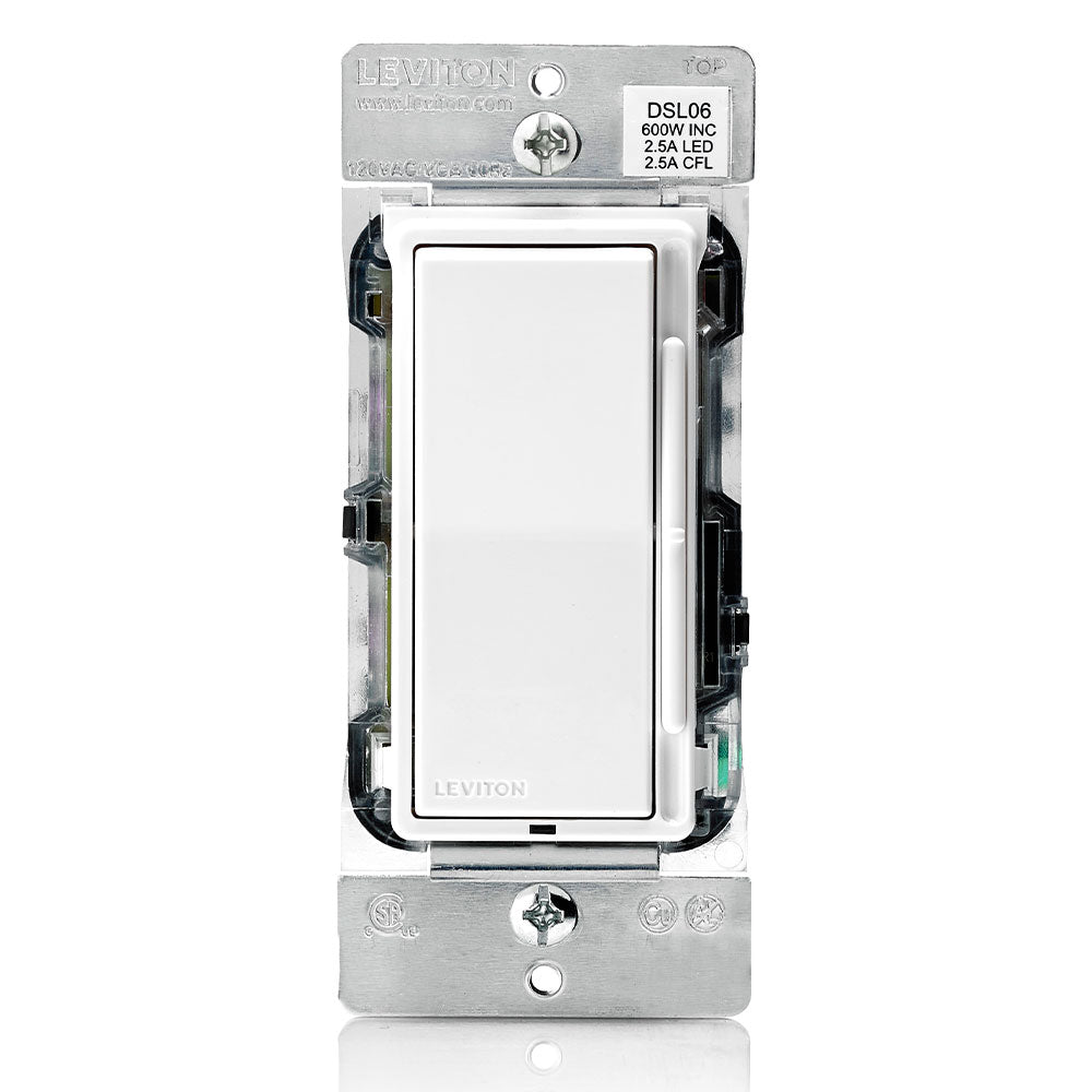 Leviton DSL06-2AW White – Decora Antimicrobial Treated Slide Dimmer. 600W-120VAC incandescent, and 300W-120VAC dimmable LED and