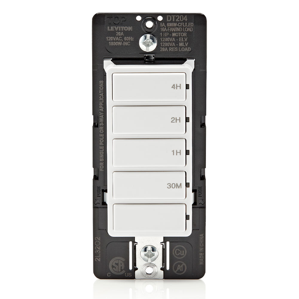 Leviton DT204-1LW 4-Hour Countdown Timer Switch has 5-buttons with 30-minute, 1-hour, 2-hour and 4-hour time