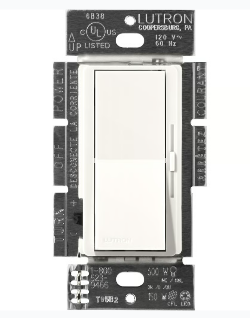 Lutron Diva 3-Wire Dimmer Switch for Ballasts/LED Drivers, 1000W/8A, Single Pole/3-Way, Neutral Required, 120V, DVSCF-103P-BW, Brilliant White