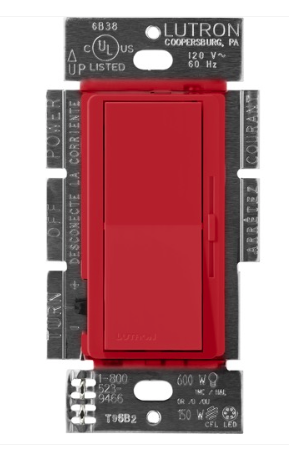 Lutron Diva Reverse-Phase Dimmer Switch w/ Night Light, 250W LED or 500W ELV, Single Pole/3-Way, Neutral Required, 120V, DVRP-253P-SR, Signal Red