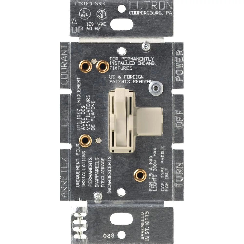 Lutron Ariadni Dual Fan/Light Control, Single 1.5A Fan and 300W Incandescent/Halogen Light, 120V, Single Pole, AY2-LFSQ-LA, Light Almond