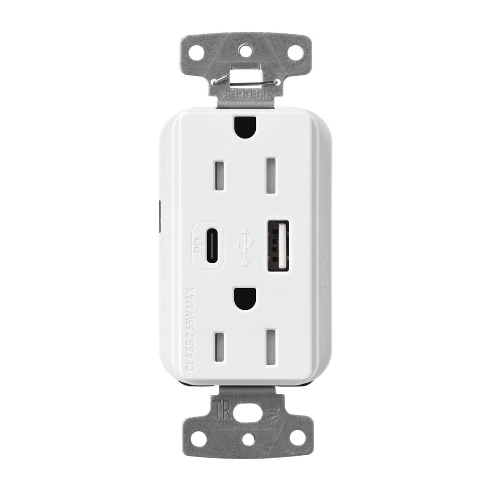 Lutron Claro 15A Tamper-Resistant USB Type A and C Duplex Receptacle, Decorator Style outlet, Gloss Finish, CAR-15-ACTR-WH, White