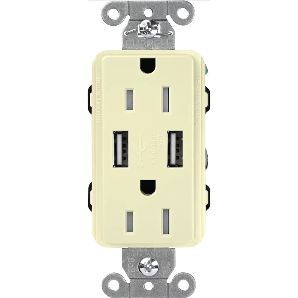 Lutron Claro 15A Tamper-Resistant USB-A Duplex Receptacle, Decorator-Style Outlet, Self-Testing, Gloss Finish, CAR-15-UBTR-AL, Almond