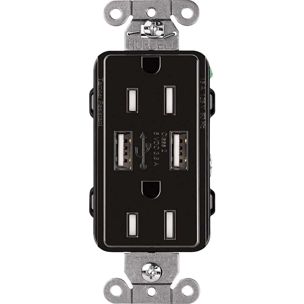 Lutron Claro 15A Tamper-Resistant USB-A Duplex Receptacle, Decorator-Style Outlet, Self-Testing, Gloss Finish, CAR-15-UBTR-BL, Black