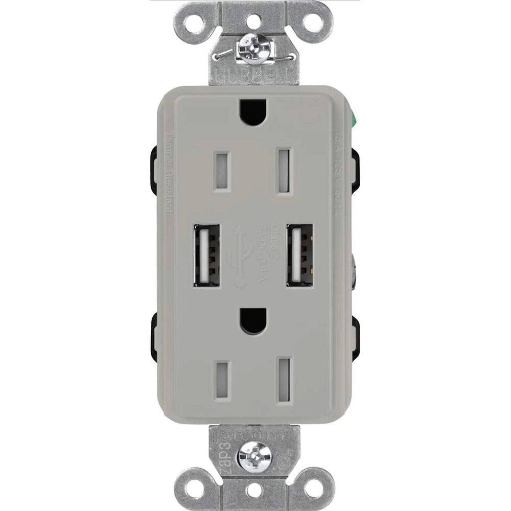 Lutron Claro 15A Tamper-Resistant USB-A Duplex Receptacle, Decorator-Style Outlet, Self-Testing, Gloss Finish, CAR-15-UBTR-GR, Gray