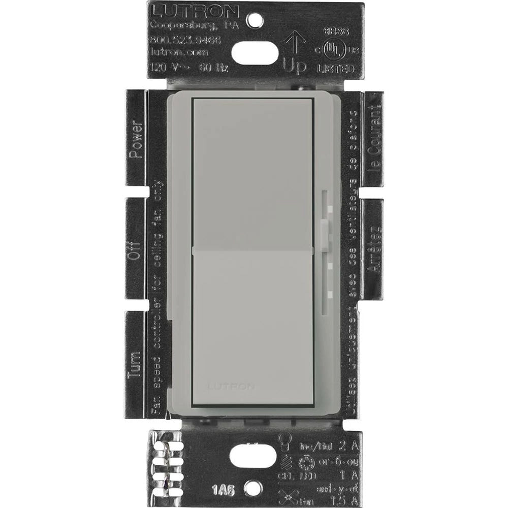 Lutron Diva 3-Speed Fan Control and On/Off Light Switch, 1.5A Fan, 1A LED, Single Pole/3-Way, No Neutral Required, 120V, DVFSQ-LF-GR, Gray