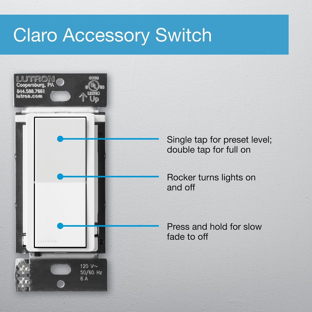 Lutron Claro Smart Accessory Switch, Only For Use With Diva Smart Dimmer Switch/Claro Smart Switch, Multi-Location On/Off, DVRF-AS-WH, White
