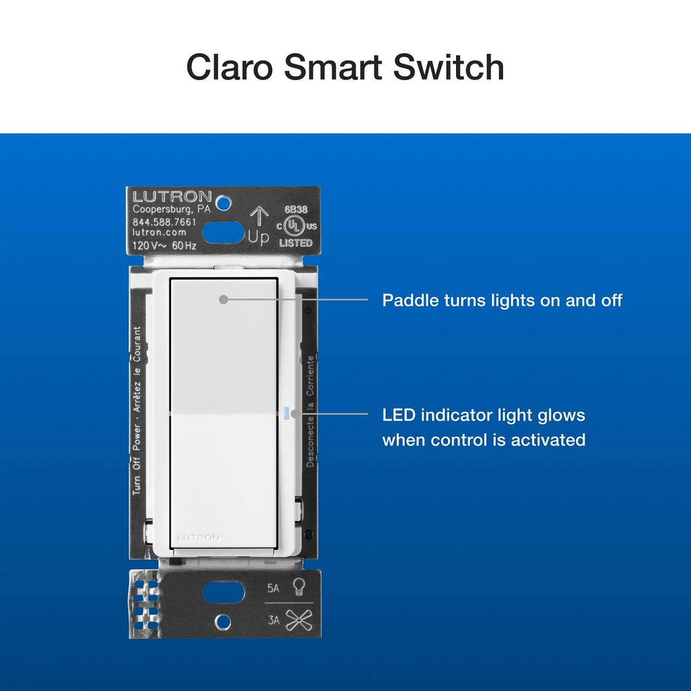 Lutron Claro Smart Switch 3-Way Kit with Pico Paddle Remote for the Caseta system, Smart Hub Not Required, DVRF-PKG1S-WH, White