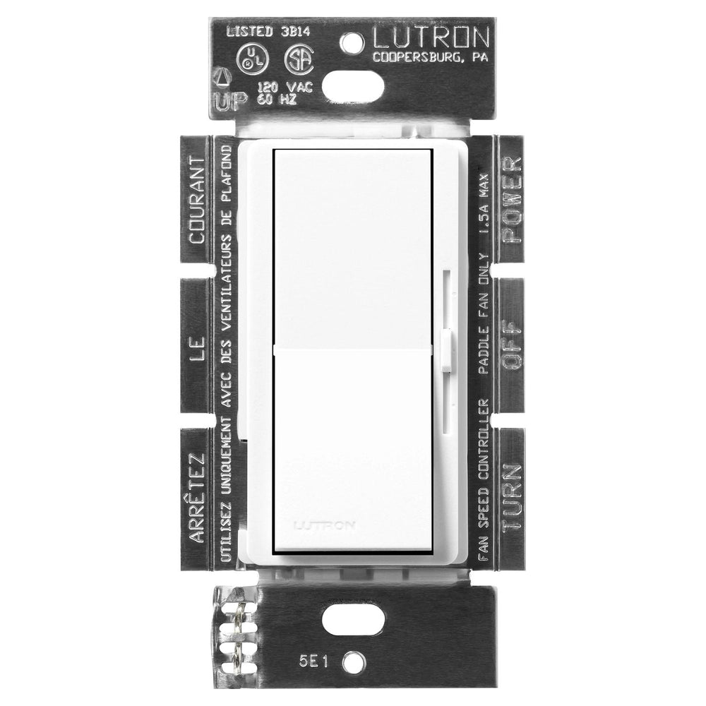 Lutron Diva 3-Speed Fan Control, 1.5A, Single Pole/3-Way, No Neutral Required, 120V, DVSCFSQ-F-BW, Brilliant White