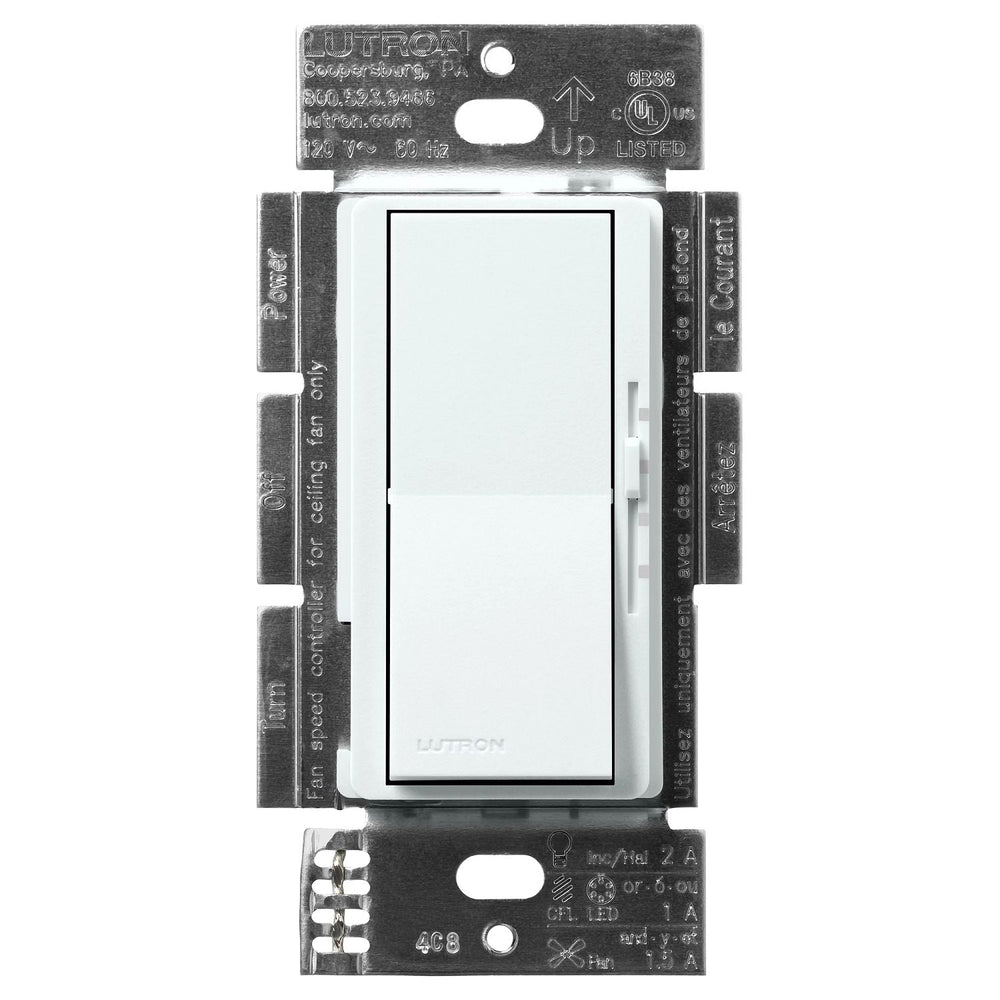 Lutron Diva 3-Speed Fan Control and Light Switch, 1.5A Fan, 1A LED, Single Pole/3-Way, No Neutral Required, 120V, DVSCFSQ-F-GL, Glacier White