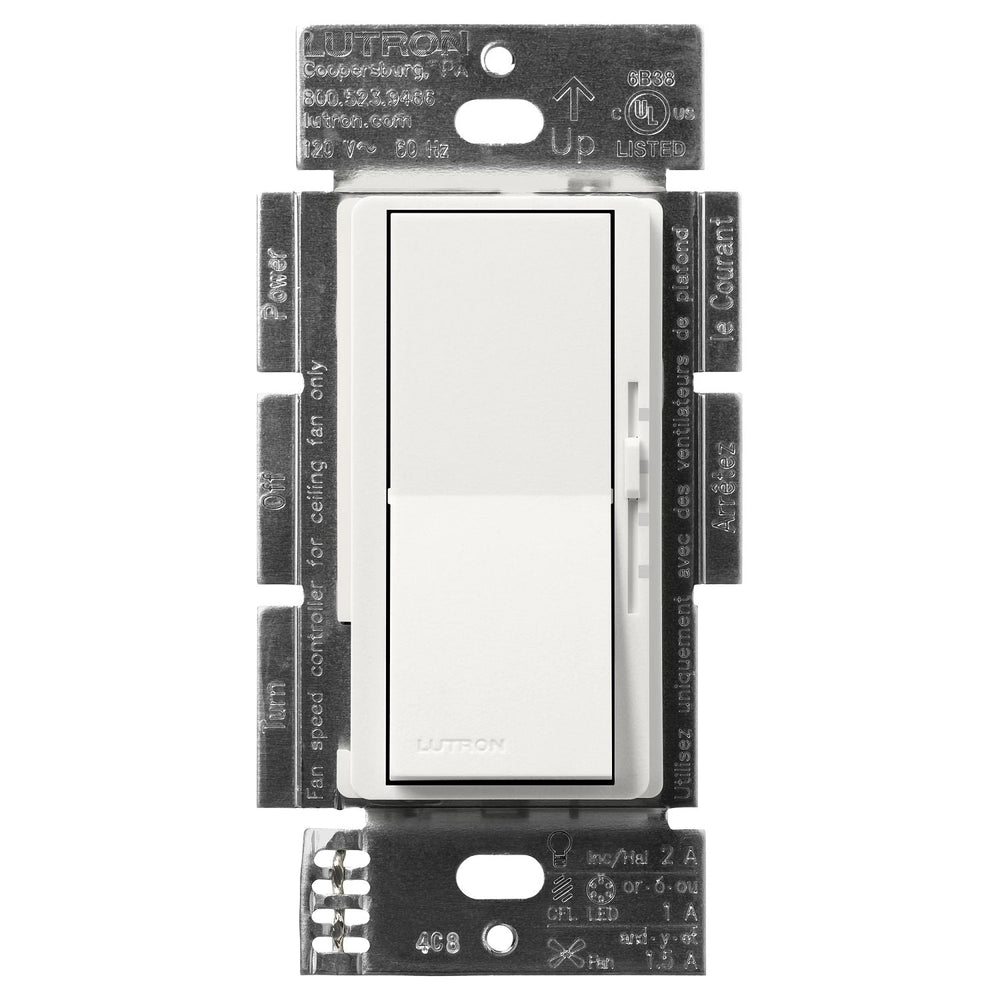 Lutron Diva 3-Speed Fan Control and Light Switch, 1.5A Fan, 1A LED, Single Pole/3-Way, No Neutral Required, 120V, DVSCFSQ-F-RW, Architectural White