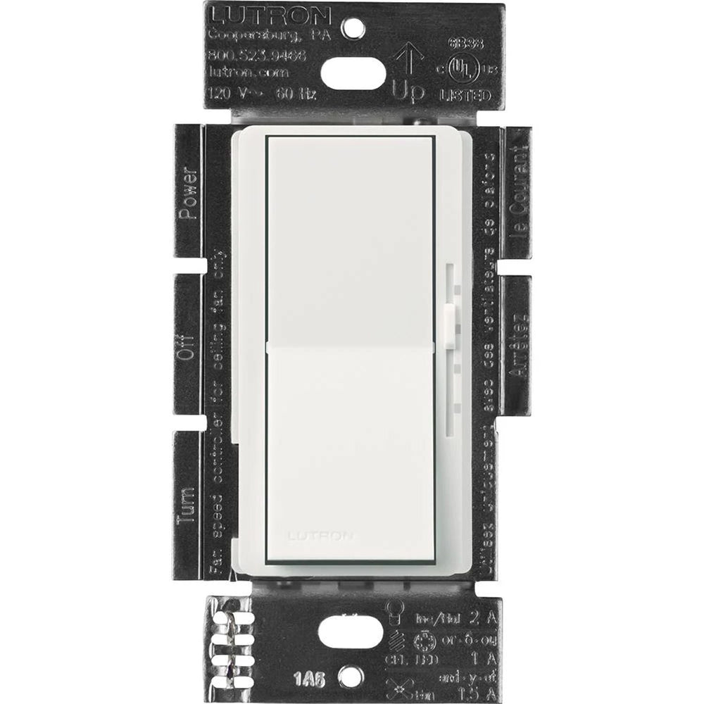 Lutron Diva 3-Speed Fan Control and Light Switch, 1.5A Fan, 1A LED, Single Pole/3-Way, No Neutral Required, 120V, DVSCFSQ-F-SW, Snow White