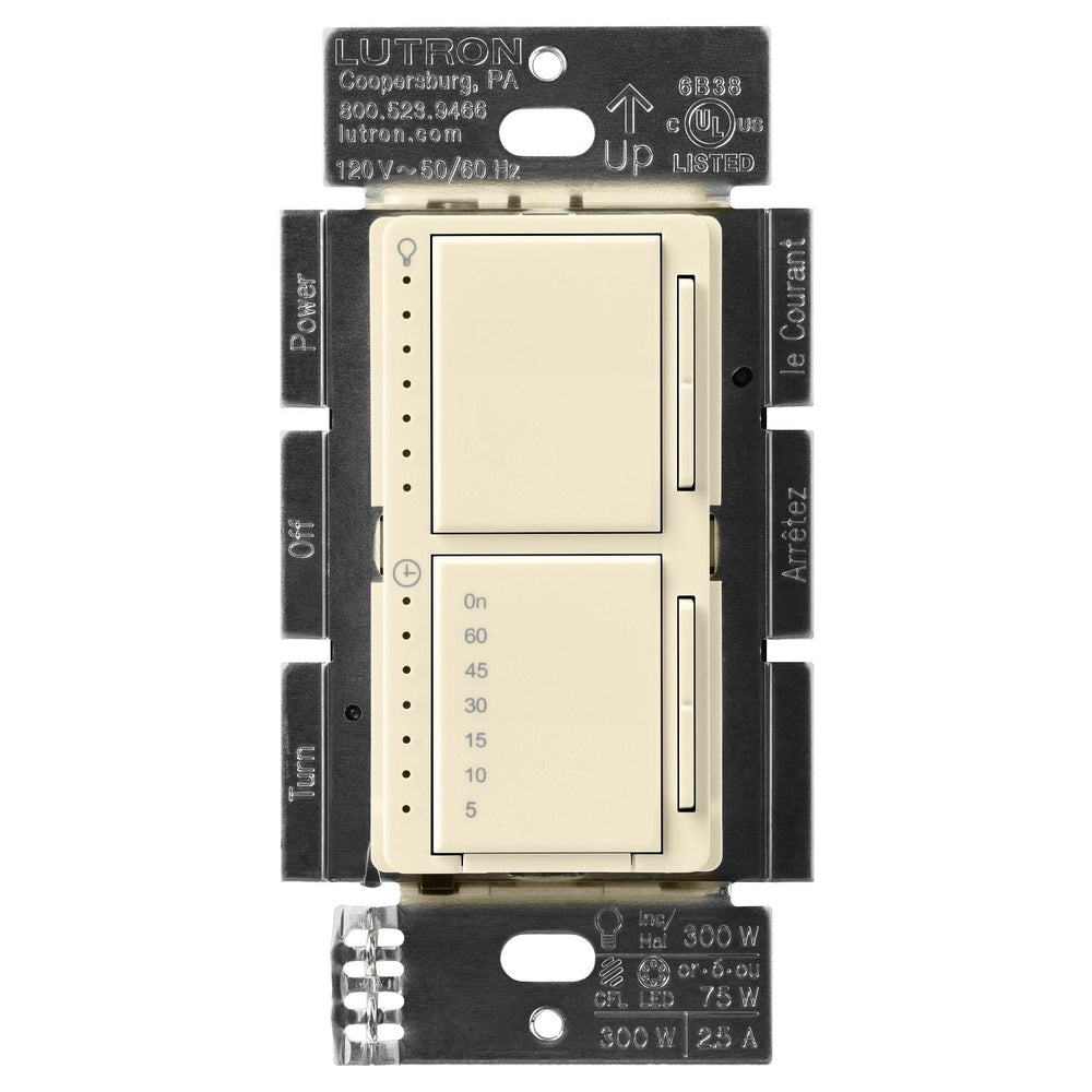 Lutron Maestro LED+ Dual Dimmer and Timer Switch, 75W LED Dimmer, 2.5A Timer, Single- Pole, MACL-L3T251-AL, Almond