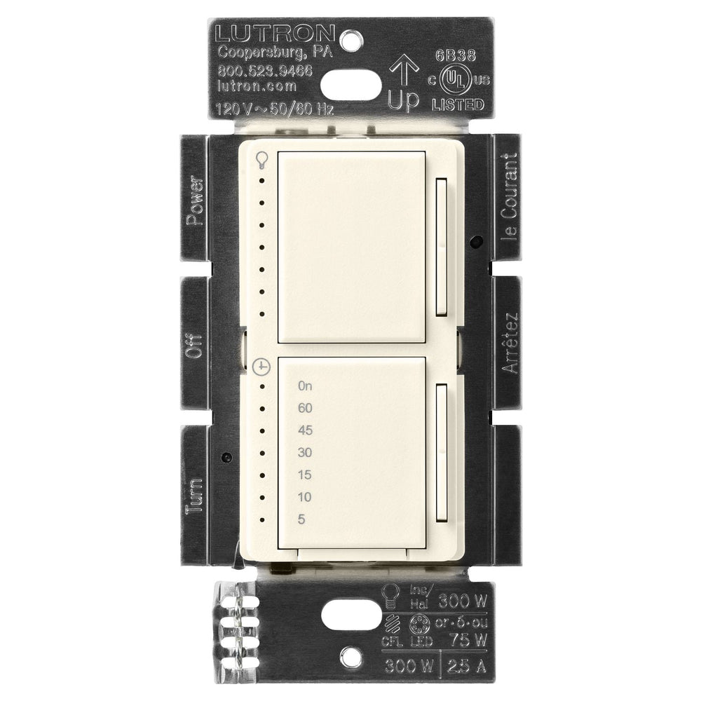 Lutron Maestro LED+ Dual Dimmer and Timer Switch, 75W LED Dimmer, 2.5A Timer, Single- Pole, MACL-L3T251-BI, Biscuit
