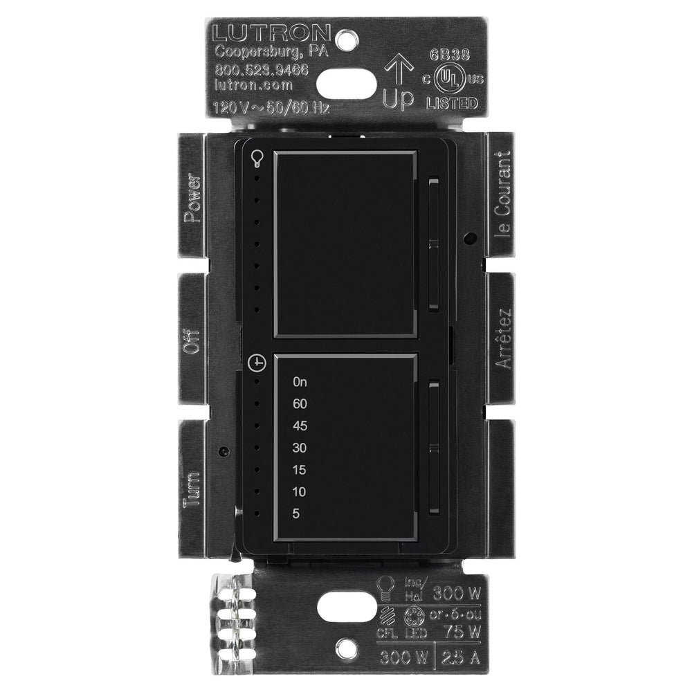 Lutron Maestro LED+ Dual Dimmer and Timer Switch, 75W LED Dimmer, 2.5A Timer, Single- Pole, MACL-L3T251-BL, Black