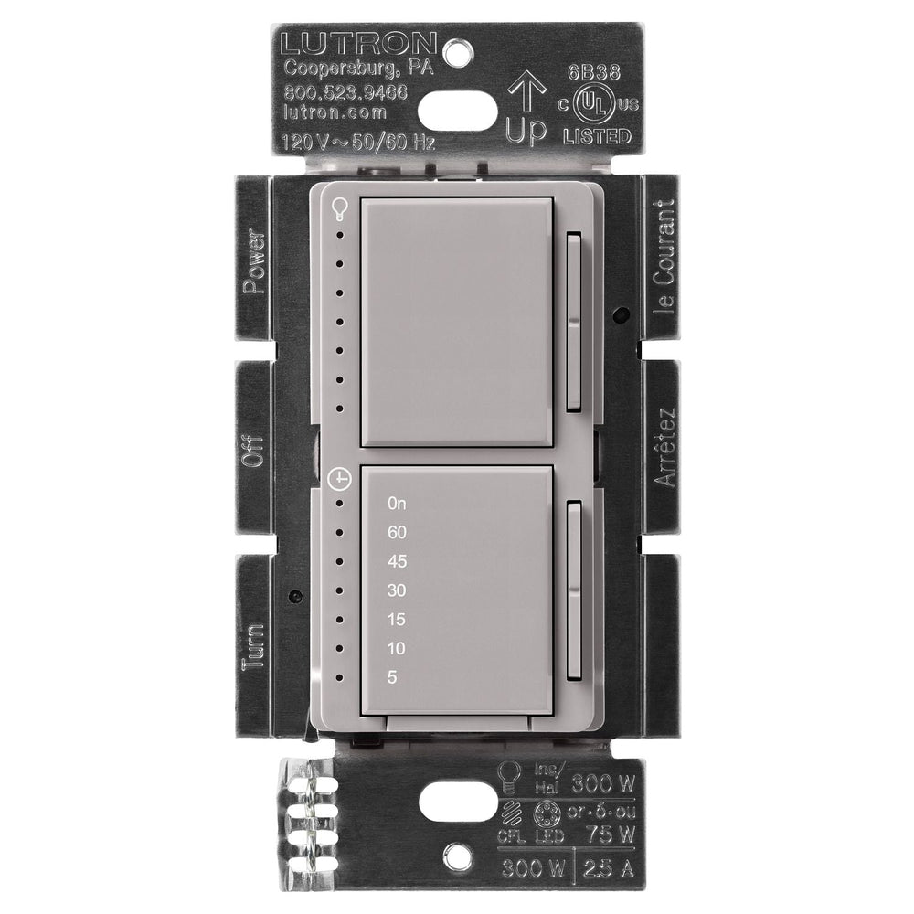 Lutron Maestro LED+ Dual Dimmer and Timer Switch, 75W LED Dimmer, 2.5A Timer, Single- Pole, MACL-L3T251-GR, Gray