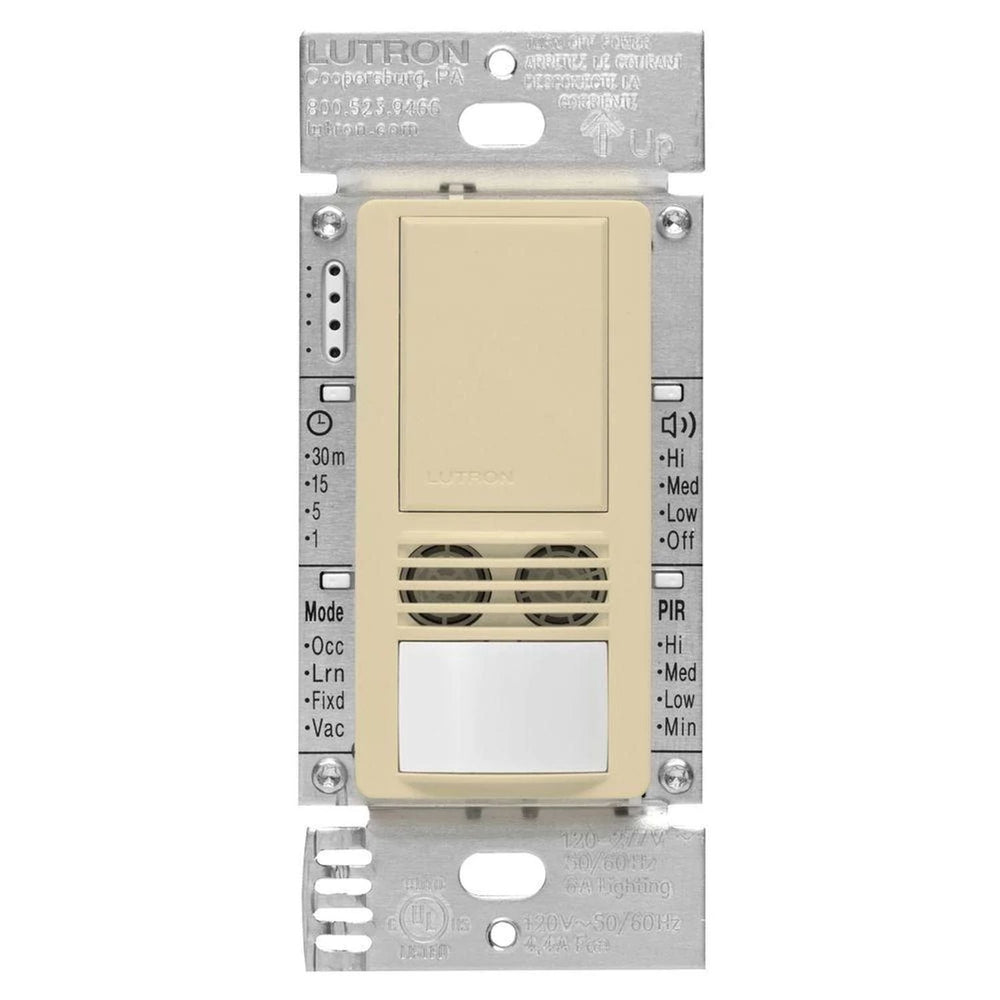 Lutron Maestro Dual-Tech Motion Sensor Switch, Vacancy Only, 6A, 120-277V, Single Pole, Ground or Neutral Required, MS-A102-V-IV, Ivory