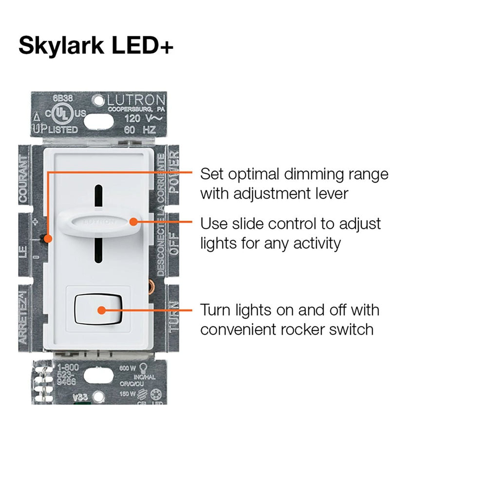 Lutron Skylark LED+ Dimmer Switch, No Neutral Required, 150W LED or 600W Inc/Hal, 120V, Single Pole/3-Way, SCL-153P-WH, White