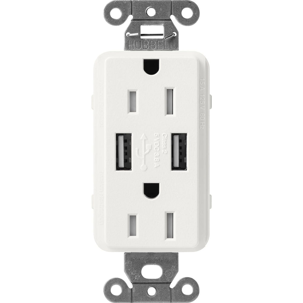 Lutron Claro 15A Tamper Resistant USB-A Duplex Receptacle, Decorator-Style Outlet, Self-Testing, Satin Finish, SCR-15-UBTR-RW, Architectural White