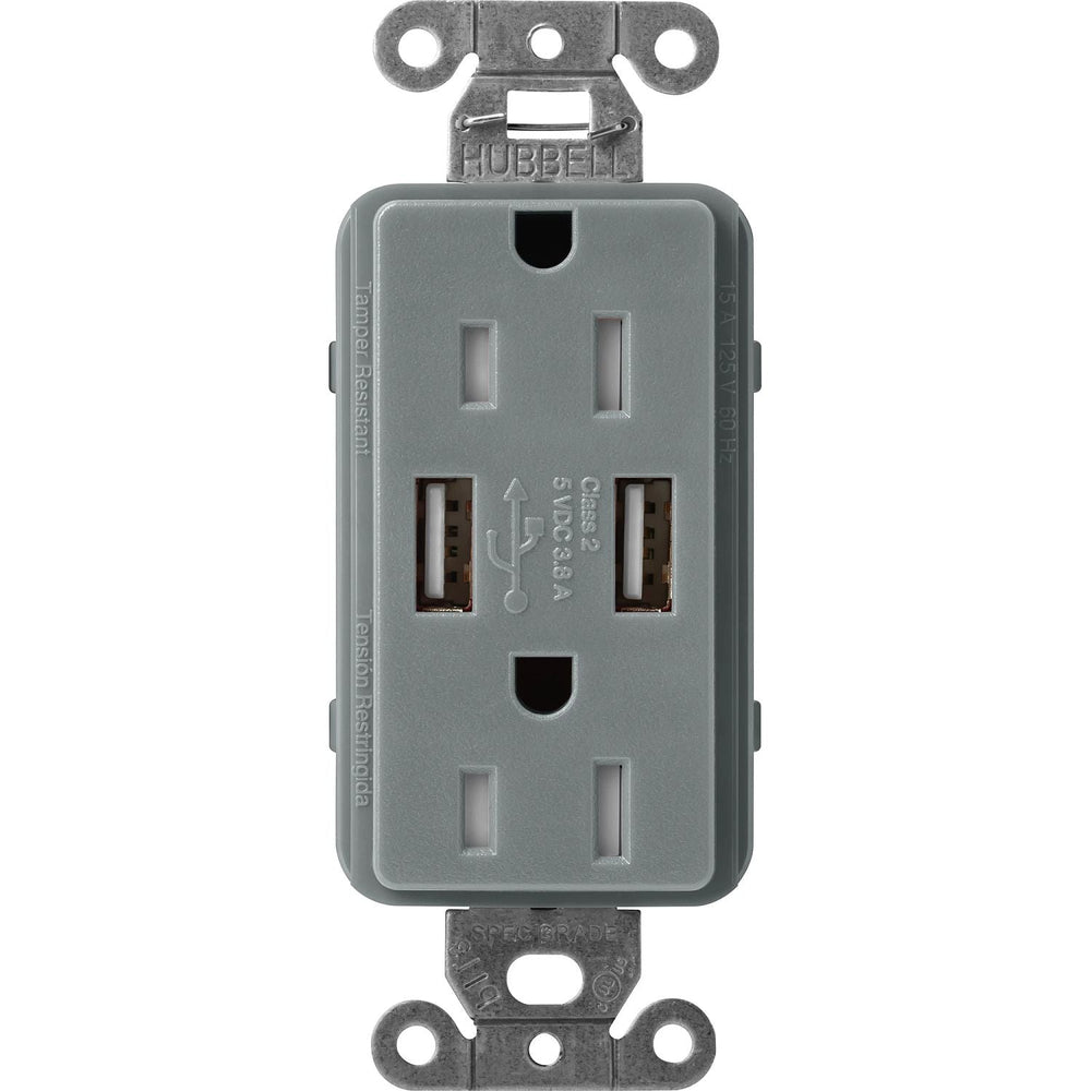 Lutron Claro 15A Tamper Resistant USB-A Duplex Receptacle, Decorator-Style Outlet, Self-Testing, Satin Finish, SCR-15-UBTR-SL, Slate