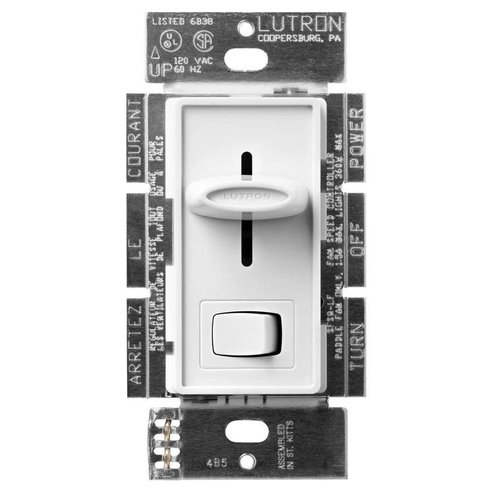 Lutron Skylark Dual Fan/Light Control, 1.5A Fan and 300W Incandescent/Halogen Light, 120V, Single Pole, SFSQ-LFH-WH, White, Clamshell Packaging