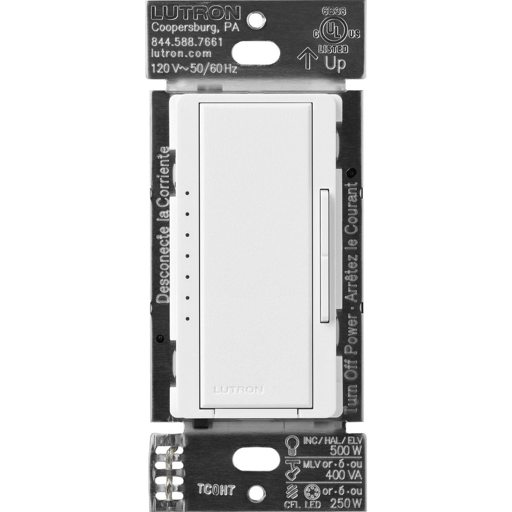 Lutron Maestro Dimmer Switch - LED+ Pro Max, 250W LED/ 500W ELV/ 400VA MLV, Neutral Optional, Single Pole/Multi Location, 120V, MA-PRO-SW, Snow White