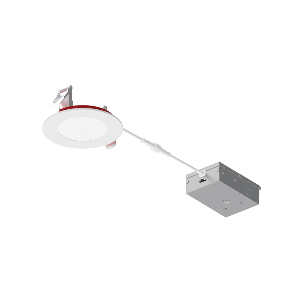 4" Fire Rated Can-less Flat LED Downlight, Selectable CCT, 1200lm / 12W, Matte Powder White Finish