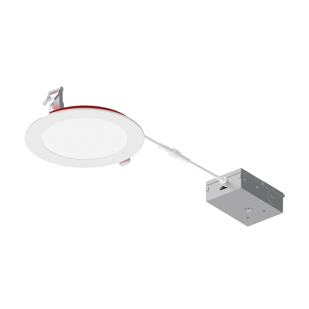 6" Fire Rated Can-less Flat LED Downlight, Selectable CCT, 1550lm / 15W, Matte Powder White Finish