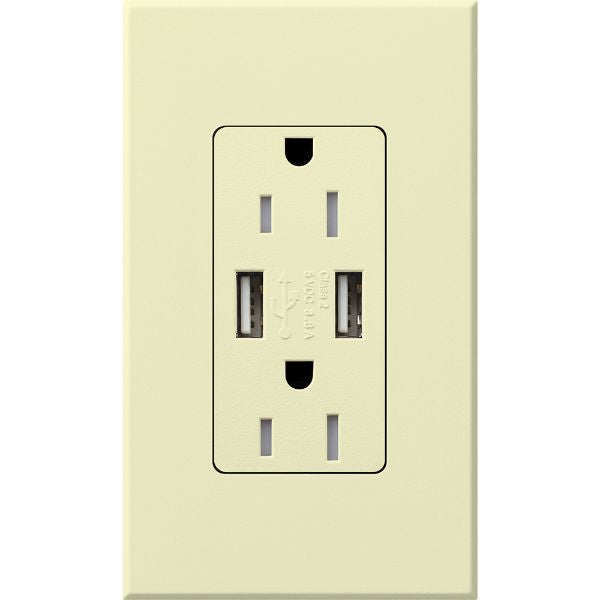 Lutron Architectural 15A Tamper-Resistant USB-A Duplex Receptacle, Self-Testing, Wall Plate Included, Matte Finish, NTR-15-UBTR-AL, Almond