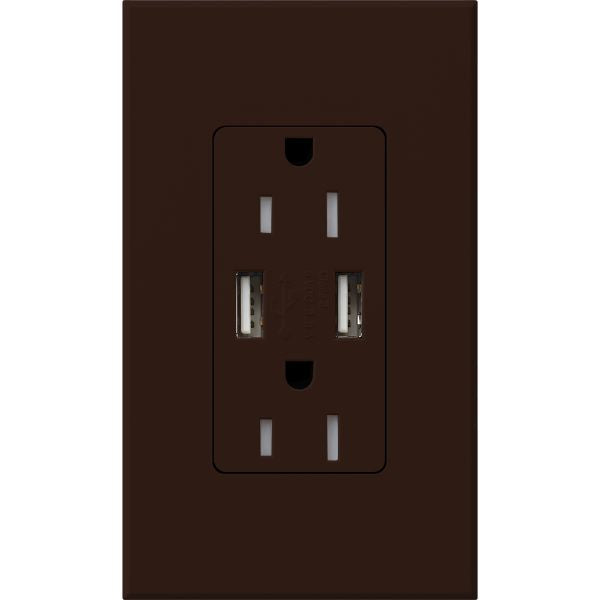 Lutron Architectural 15A Tamper-Resistant USB-A Duplex Receptacle, Self-Testing, Wall Plate Included, Matte Finish, NTR-15-UBTR-BR, Brown